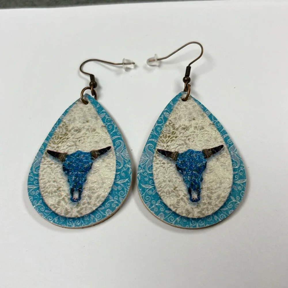 Earrings dangle statement vegan‎ leather teardrop western mom cattle skull